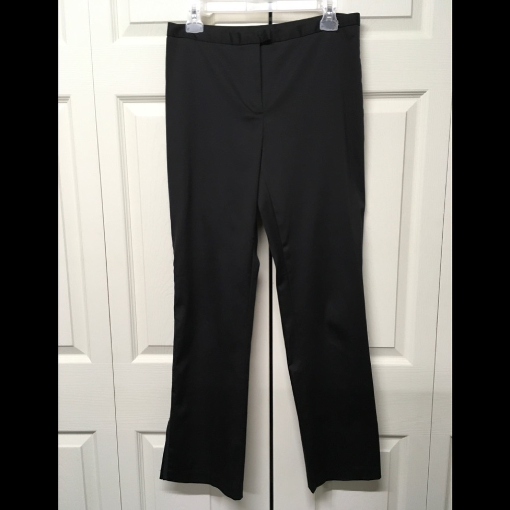 Black, satinish tuxedo dress pants.